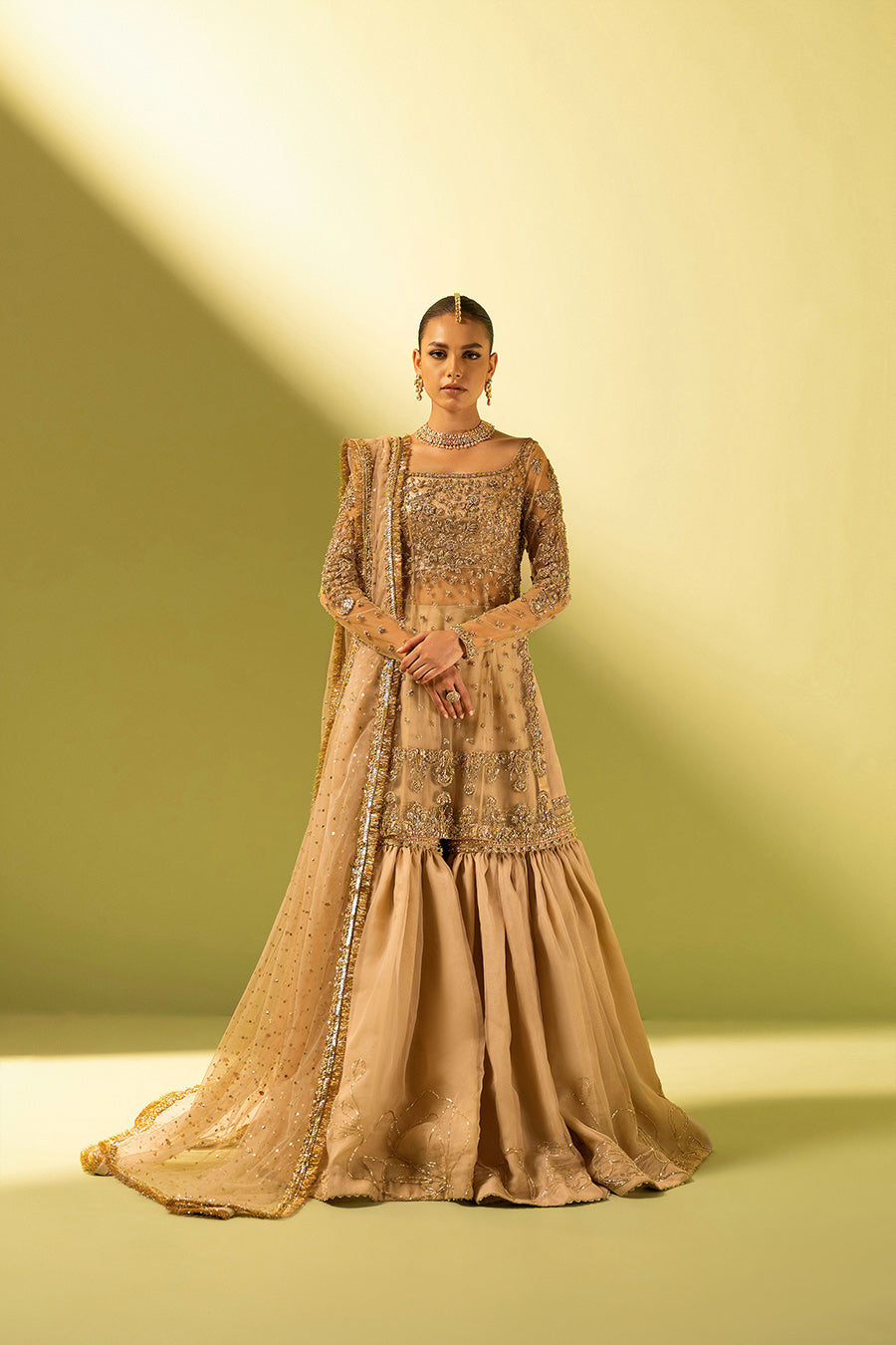 Model in a front shot wearing nude pink organza shirt paired with gharara and net dupatta