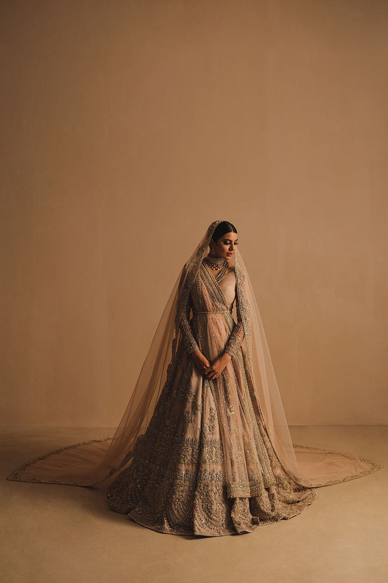 Rabia Butt in a front shot wearing blush pink silk organza lehenga choli accompanied by a net dupatta and net veil
