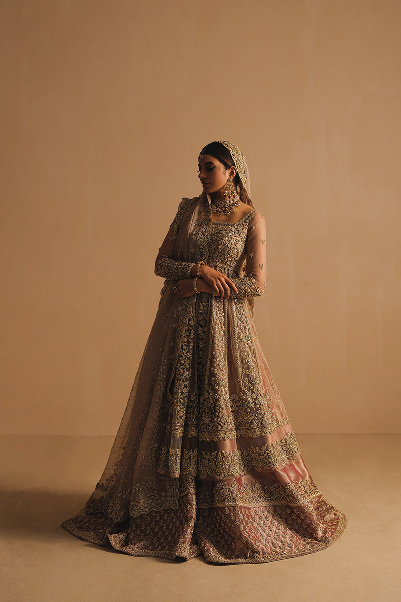 Rabia Butt in a front shot wearing dusty pink net pishwas combined with a farshi sharara and silk organza dupatta