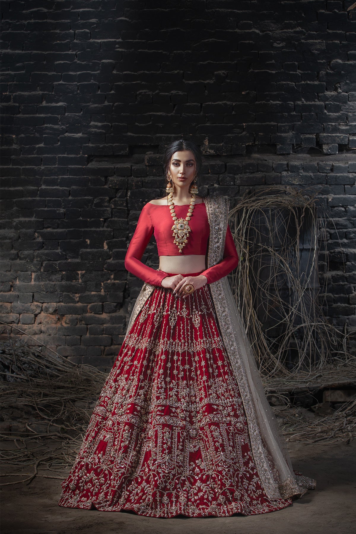 Model in a front view shot wearing deep red velvet lehenga paired with red silk choli along with a nude pink dupatta with heavily embellished borders