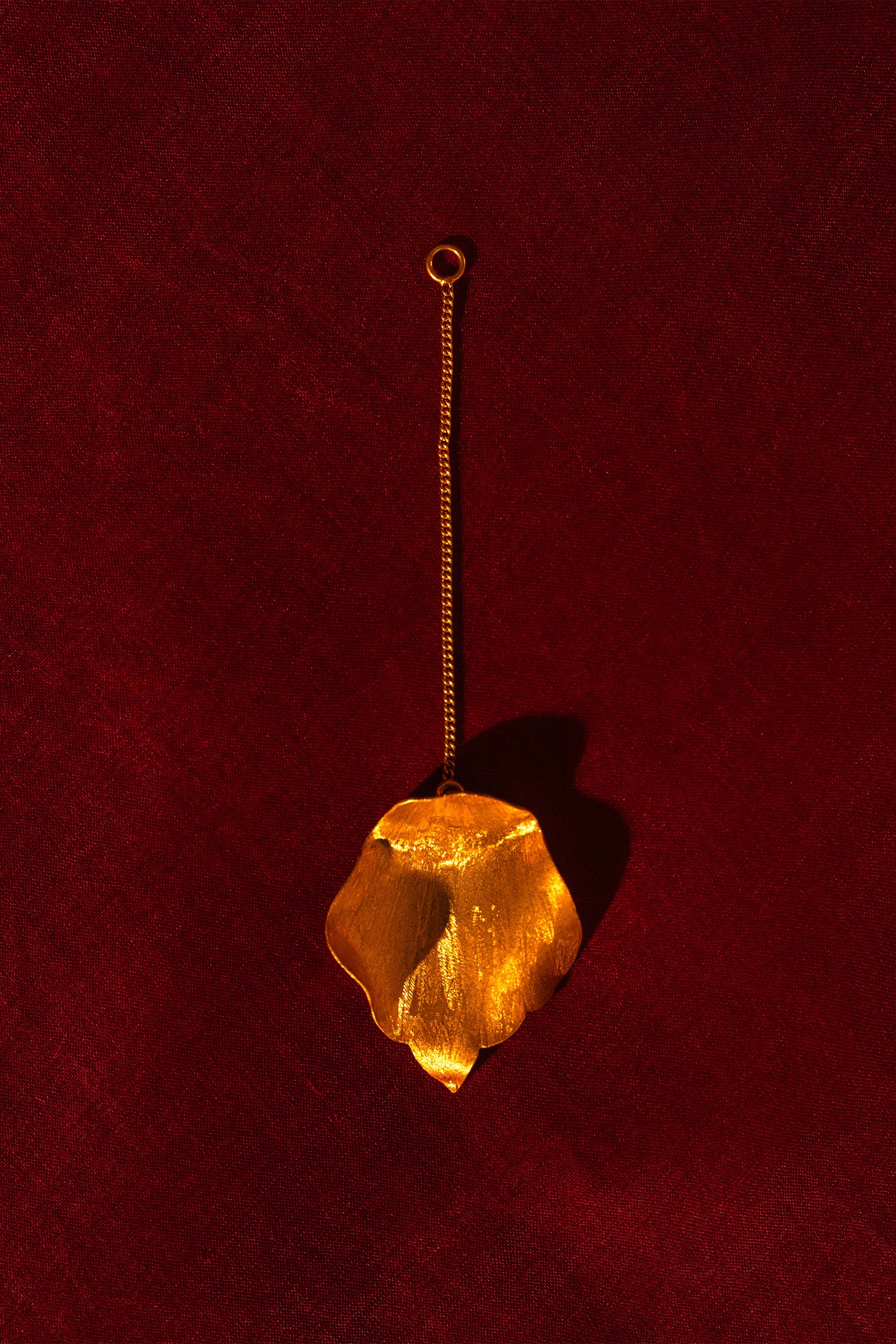 Full shot of golden tikka on a maroon background