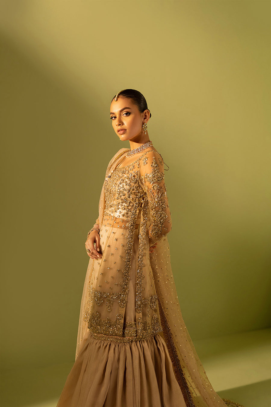 Model in a side shot wearing nude pink organza shirt paired with gharara and net dupatta 