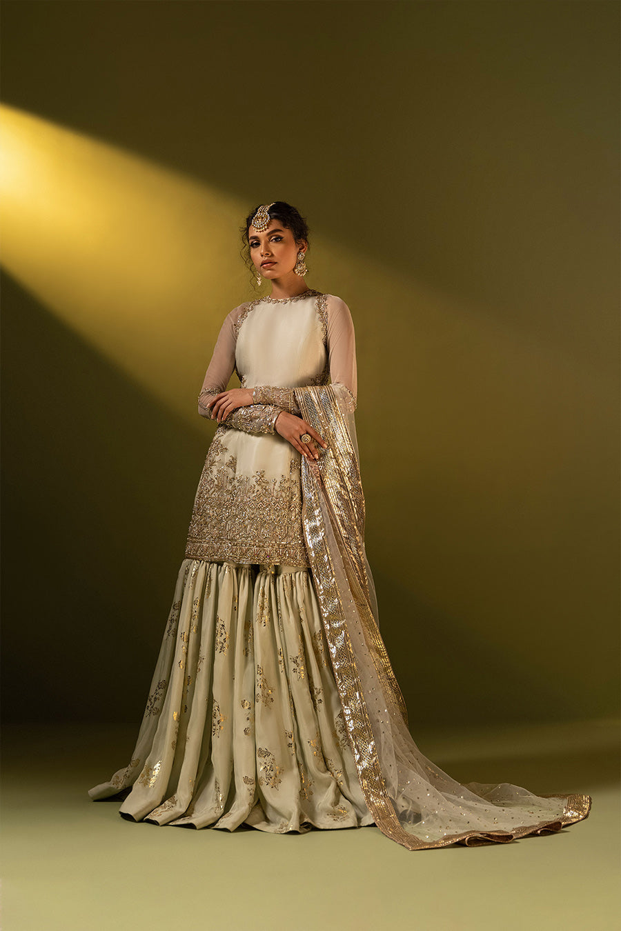 Model in a front shot wearing formal pistachio organza shirt paired with a silk chiffon gharara and a net dupatta 