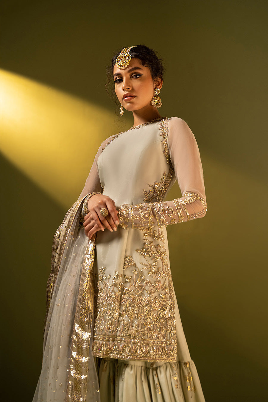 Model in a closeup shot wearing formal pistachio organza shirt paired with a silk chiffon gharara and a net dupatta 