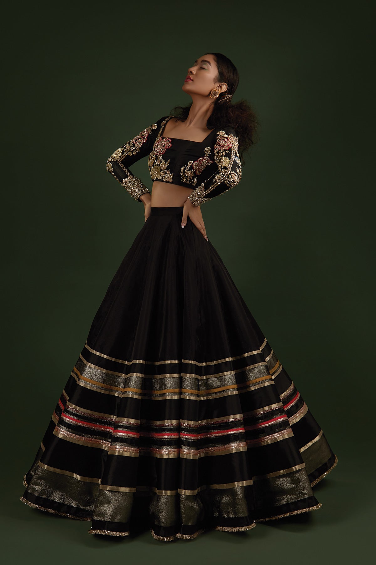 Buy Black Crepe Embroidered Resham V Neck Blouse And Lehenga Saree Set For  Women by Two Sisters By Gyans Online at Aza Fashions.