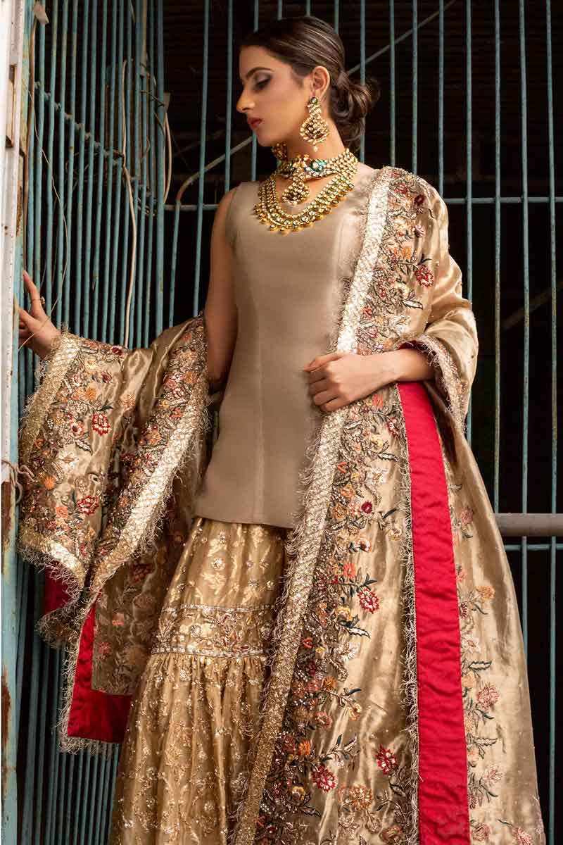 Zareen Metallic Gold Embellished Bridal Gharara Zuria Dor