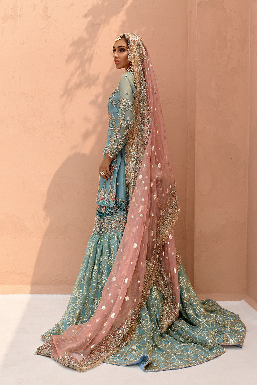 Elaheh Pink Dusty Blue Bridal Gharara Zuria Dor