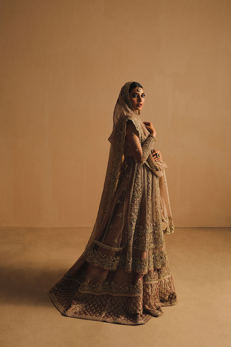 Rabia Butt in a side view shot wearing dusty pink net pishwas combined with a farshi sharara and silk organza dupatta 