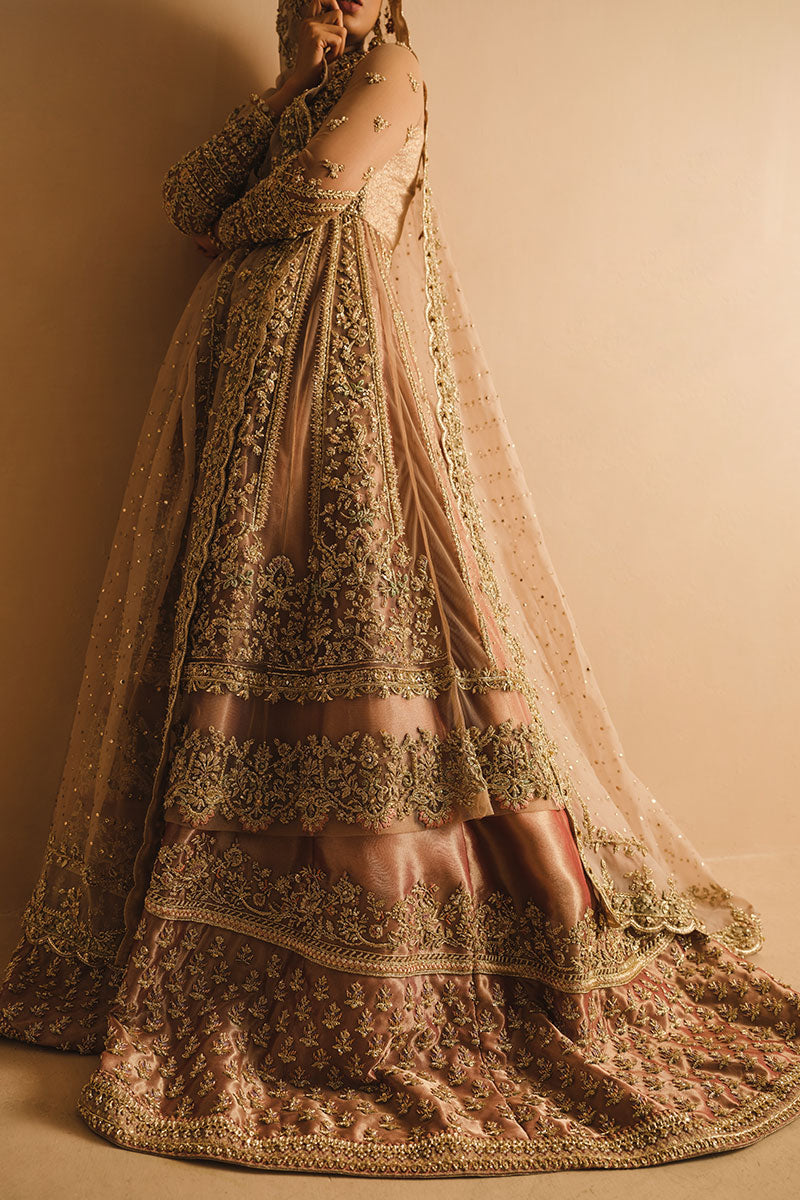 Rabia Butt in a low closeup shot wearing dusty pink net pishwas combined with a farshi sharara and silk organza dupatta 